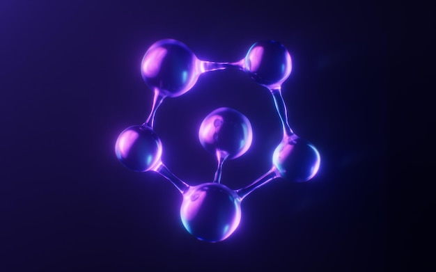 Molecule with dark neon light effect 3d rendering