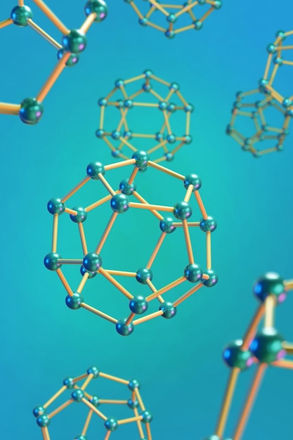Molecules in the form of a dodecahedron on blue background 3d illustration