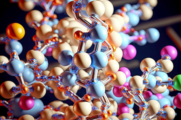 Molecuul close-upmodel met veelkleurige atomen in de vorm van bollen