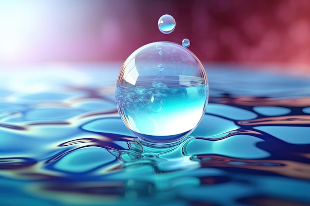 Molecuul in een vloeibare bubbel cosmetische essentie en een achtergrond van water