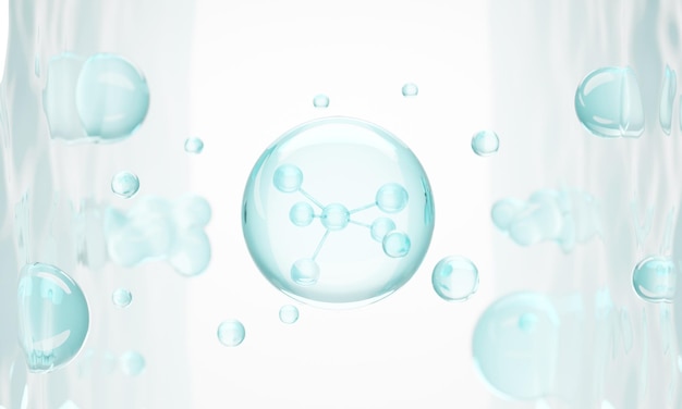 Molecuul in vloeibare bubbel op waterachtergrond Cosmetische essentie Cosmetische spa medische huidverzorging 3d illustratie