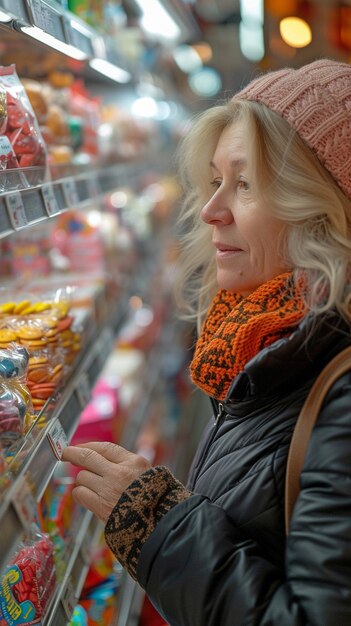 mollige vrouw die snoep koopt in de winkel