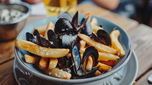 Mollusken en friet op een schotel