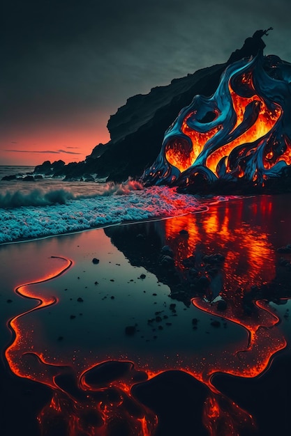 Molten carnival glass lava flow over Icelandic black earth day.