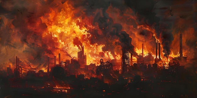 Пламенное пламя охватывает фабрику, освещая затемненное окружение яростью Концепция Фабрики Огонь Пламенные пламя Темное окружение Ярость