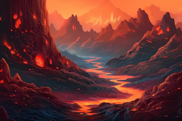 Molten landscape with rivers of lava flowing