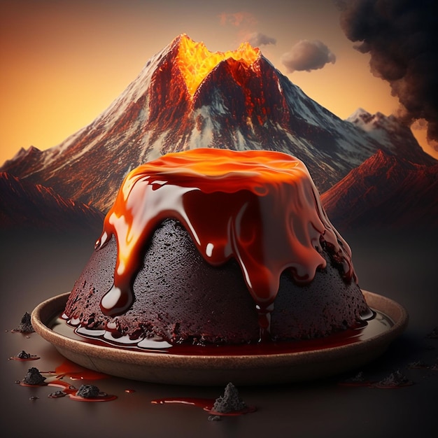 Molten lava cake volcano with melted chocolate and mountain in the background Generative ai