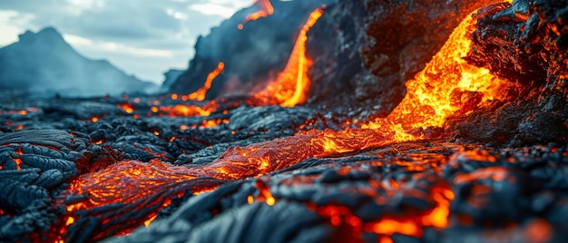 Molten Lava Flow on Rugged Volcanic Landscape Fiery molten lava flows through a dark cooled volcanic terrain showcasing the raw power of nature