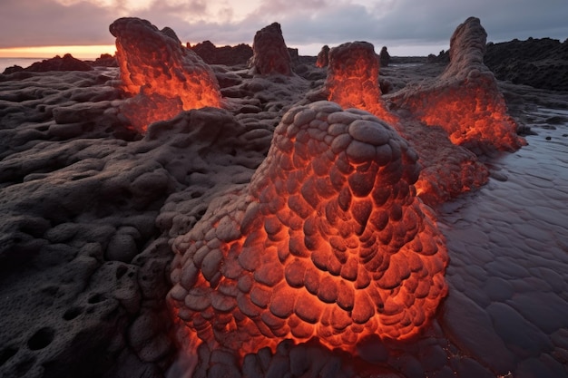 Foto lava fusa che si solidifica in formazioni rocciose uniche create con l'intelligenza artificiale generativa