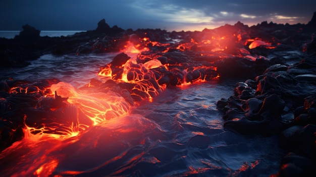 Molten lava solidifying near the ocean shore