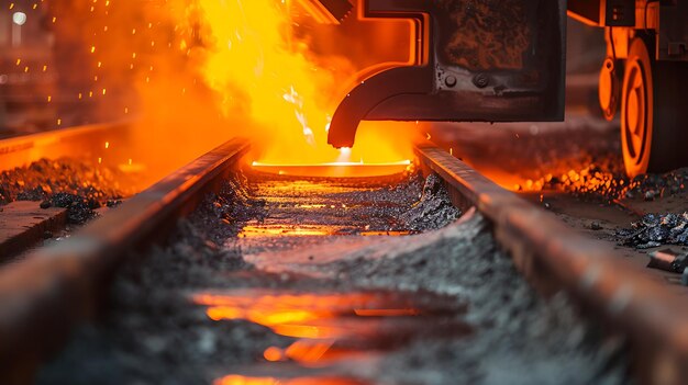 Photo molten metal being poured into a mold the molten metal is glowing hot and sparks are flying