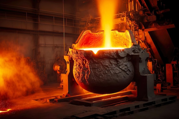 Molten metal in big ladle container at metallurgical foundry plant heavy industry