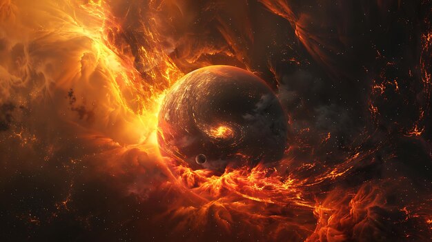 Molten planet The surface of the planet is covered in lava and there is a large moon orbiting it