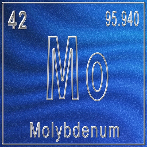 Molybdeen scheikundig element, bord met atoomnummer en atoomgewicht, periodiek systeemelement