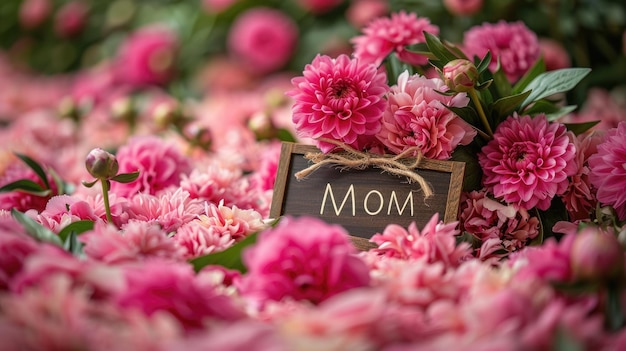 Foto mom in mezzo alle peonie rosa che festeggiano la giornata delle madri