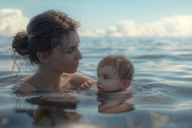 Фото Мама и ребенок делают воспоминания у воды