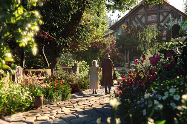 写真 お母さんとおばあちゃんが庭のツアーに行く