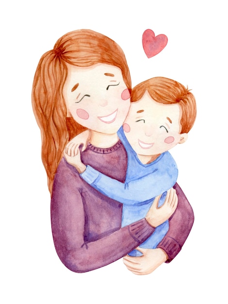 写真 ママと息子の水彩イラスト。男の子を持つ女性。母と子のポスター カード。母の日デザイン