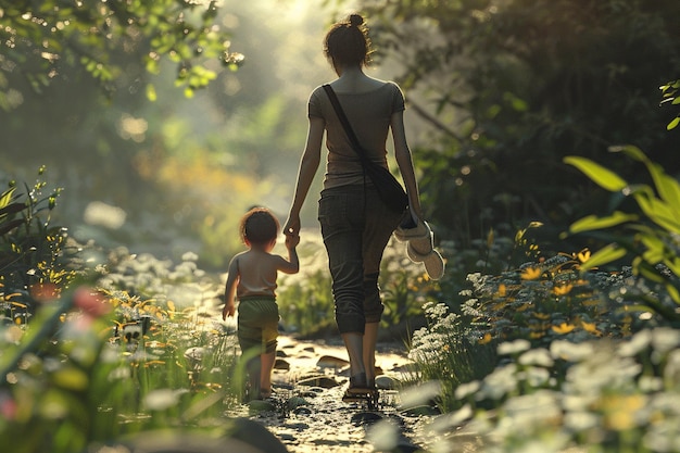 Mom attending a baby sensory nature walk with her