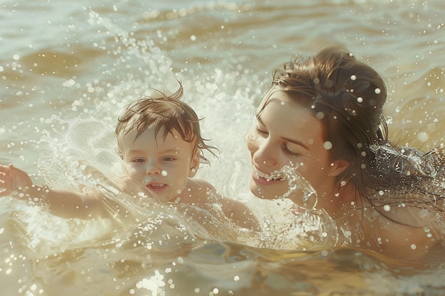 Mom and baby splashing in the shallow water