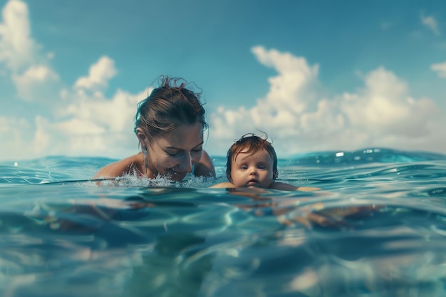 Mom and baby taking a dip in the cool ocean