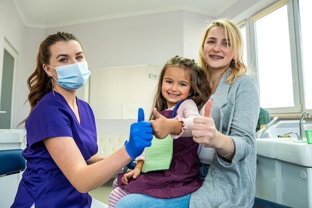 Mom brought her little daughter to the dentist's office to treat baby teeth