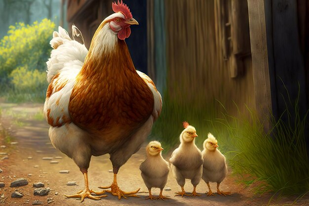 Cute Hen Walking with Yellow Chicken. Funny Mom and Three Baby