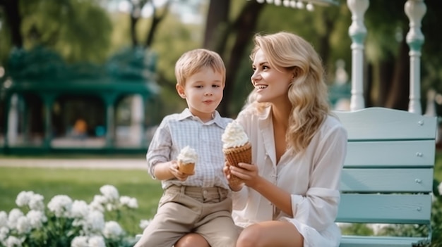 アイスクリームを食べるお母さんと子ども イラストAI GenerativexA