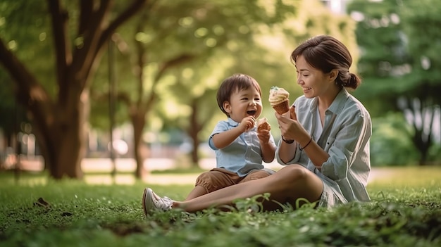 アイスクリームを食べるお母さんと子ども イラストAI GenerativexA