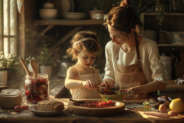 Photo mom and child making homemade jam together