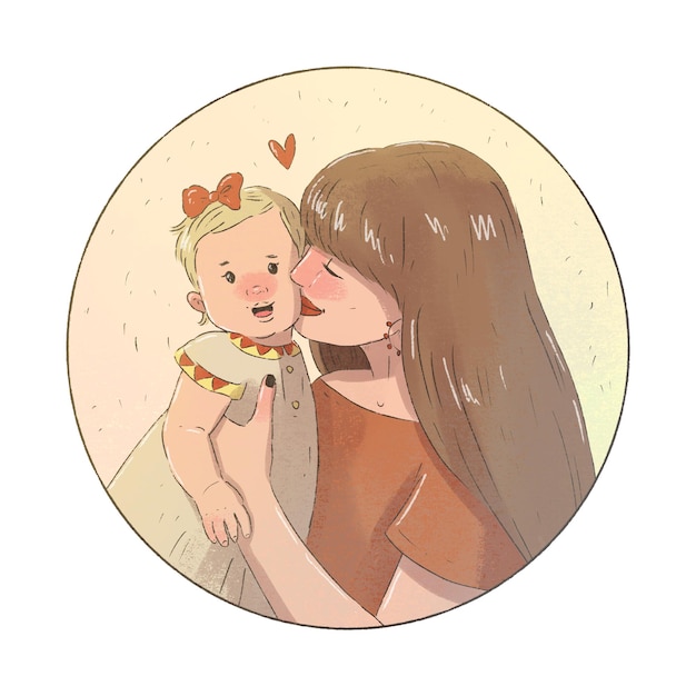 엄마와 아이 엄마는 딸을 팔에 안고 있습니다. 엄마는 아기에게 키스를 합니다.