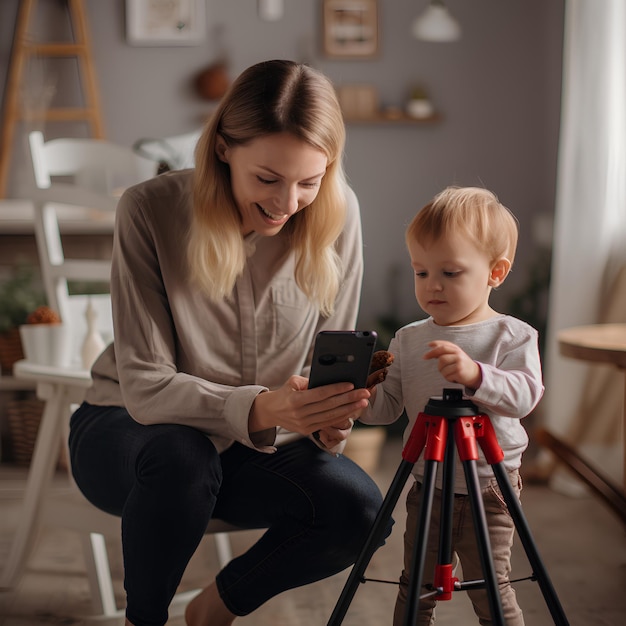 Mom content creator die video's maakt met zijn telefoon op een statief