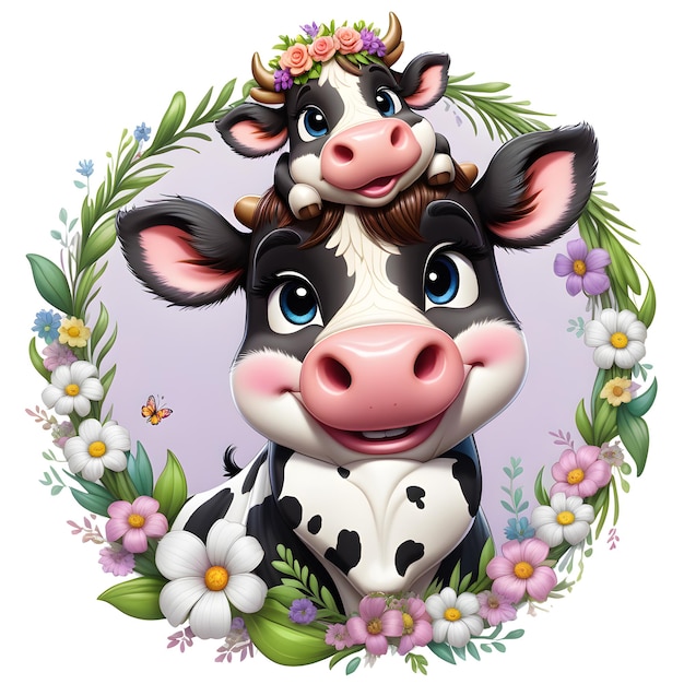 Photo mom cow with calf in floral wreath