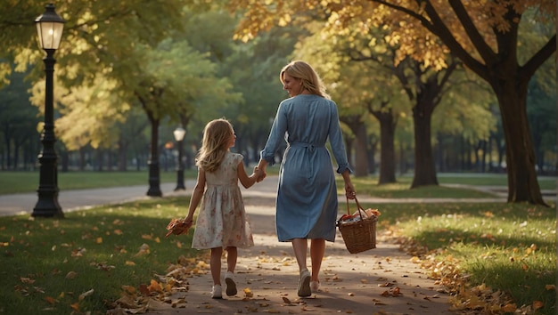 Photo mom and daughter are walking down in the park happy mothers day