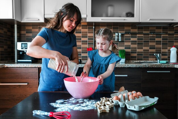 Mom and daughter cooking in the kitchen