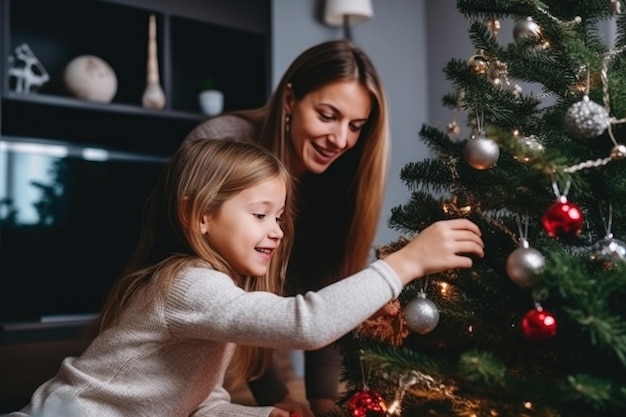 Mom and daughter decorate the Christmas tree in the living room at home the morning before Christmas