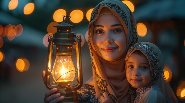 Photo mom and daughter hold a ramadan lantern rear view against the background