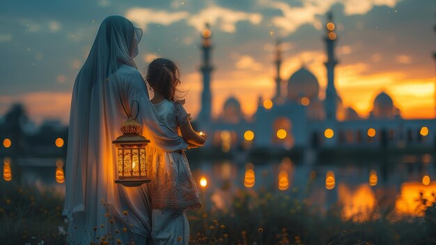 Photo mom and daughter hold a ramadan lantern rear view against the background