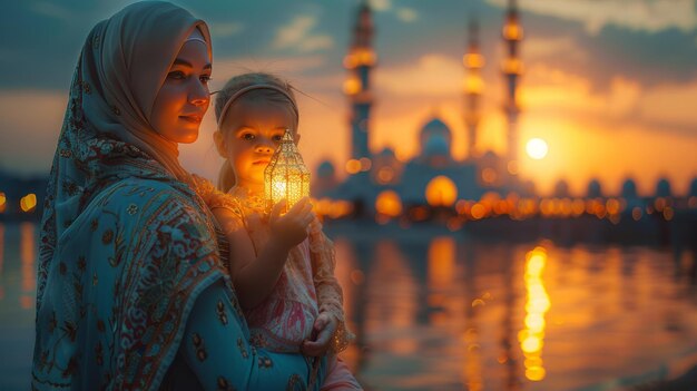 Photo mom and daughter hold a ramadan lantern rear view against the background