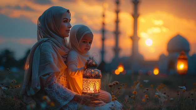 Photo mom and daughter hold a ramadan lantern rear view against the background