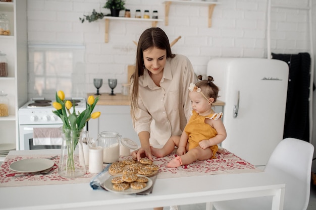 Mom and daughter in the kitchen preparing homemade cookies