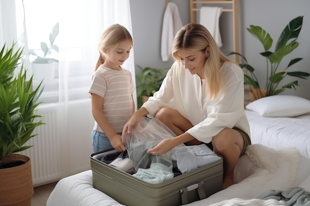 Mom and daughter pack a suitcase on a bed in a bright apartment