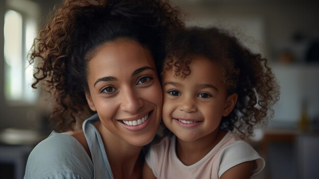 Mom and daughter smiling and hugging in living room