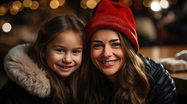 Mom and daughter on the street on christmas