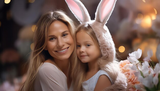 Mom and daughter with cute bunny easter concept