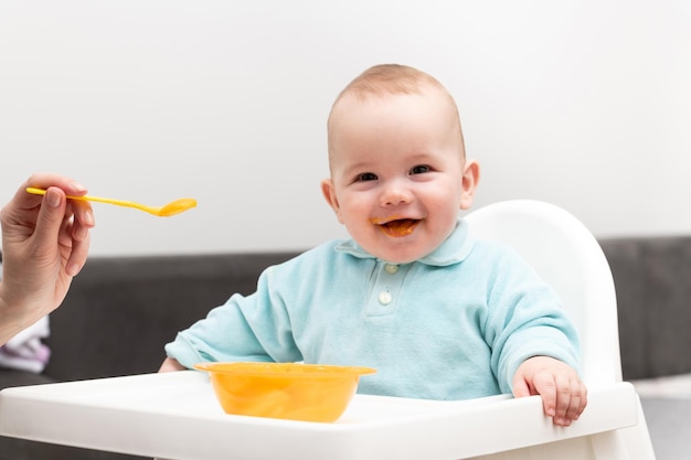 Mom Feeds Baby With Fruit Puree At Home