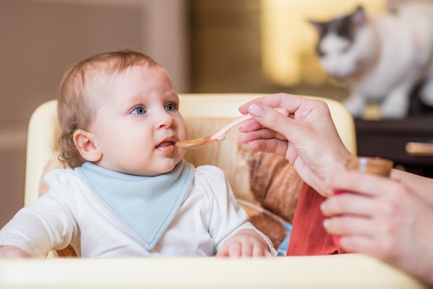 La mamma nutre un bambino felice con un cucchiaio di purea di frutta primo cibo