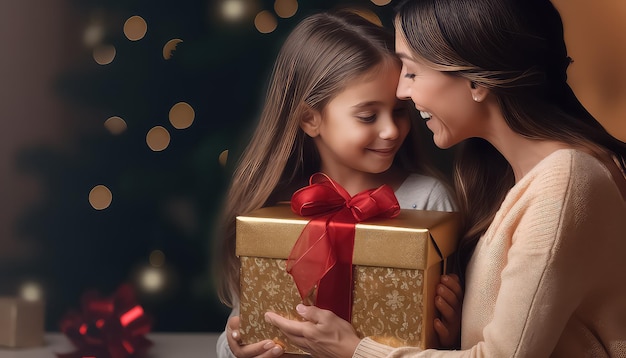 Mom gives a gift to her child on New Year's Eve or Christmas