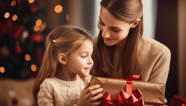 Mom gives a gift to her child on New Year's Eve or Christmas