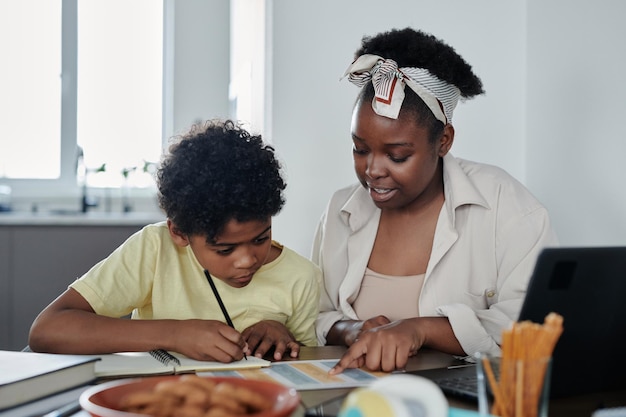 Mom helping her son with homework